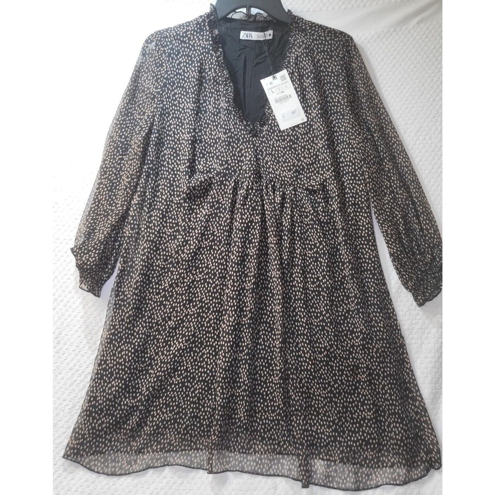 Zara Womens Dress Large Black Ruffle Trim V Neck Balloon Sleeve Chiffon Sheer